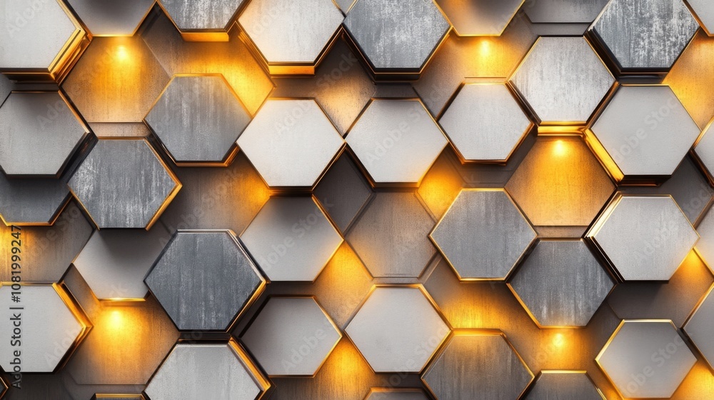 Poster Modern Hexagonal Pattern with Illuminated Metallic Textures and Warm Lighting Effects, Ideal for Backgrounds, Textures, and Artistic Designs