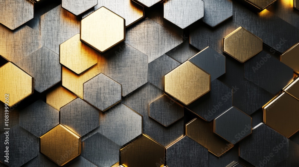 Poster Metallic Hexagon Pattern with Shiny Gold and Dark Gray Surfaces, Creating a Contemporary and Luxurious Abstract Background for Design and Digital Projects