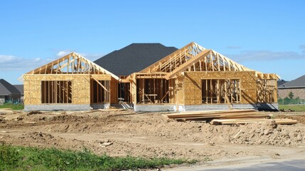Modern Home Construction Frame Under Blue Sky