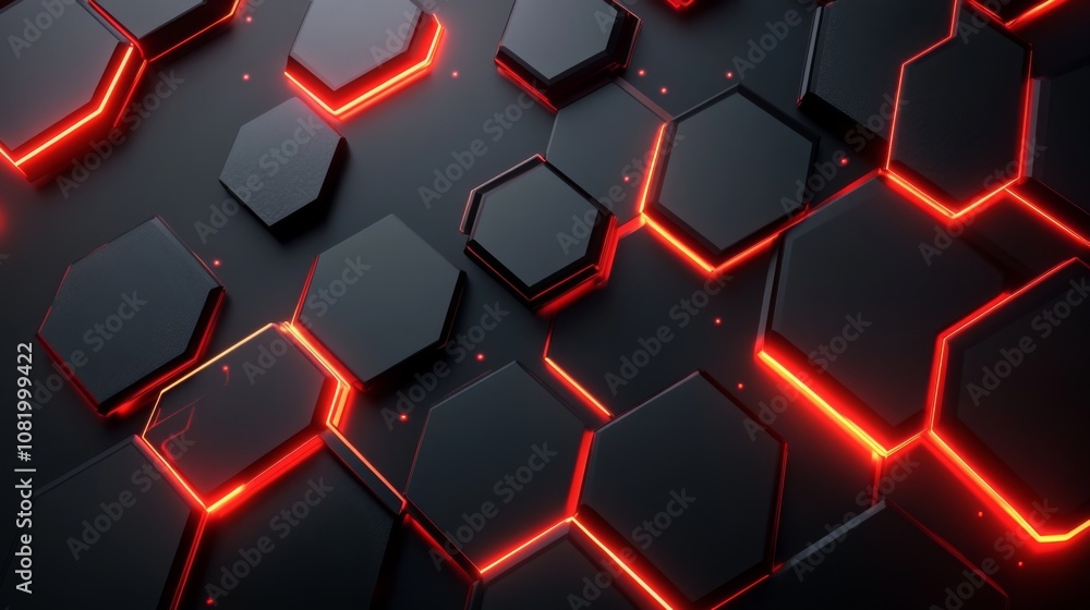 Poster abstract futuristic design featuring glowing red hexagons on a dark background, creating a dynamic a