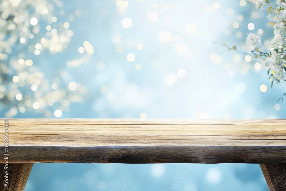 Poster wooden table over abstract bokeh background, use for text or picture, chirstmas and new year concept