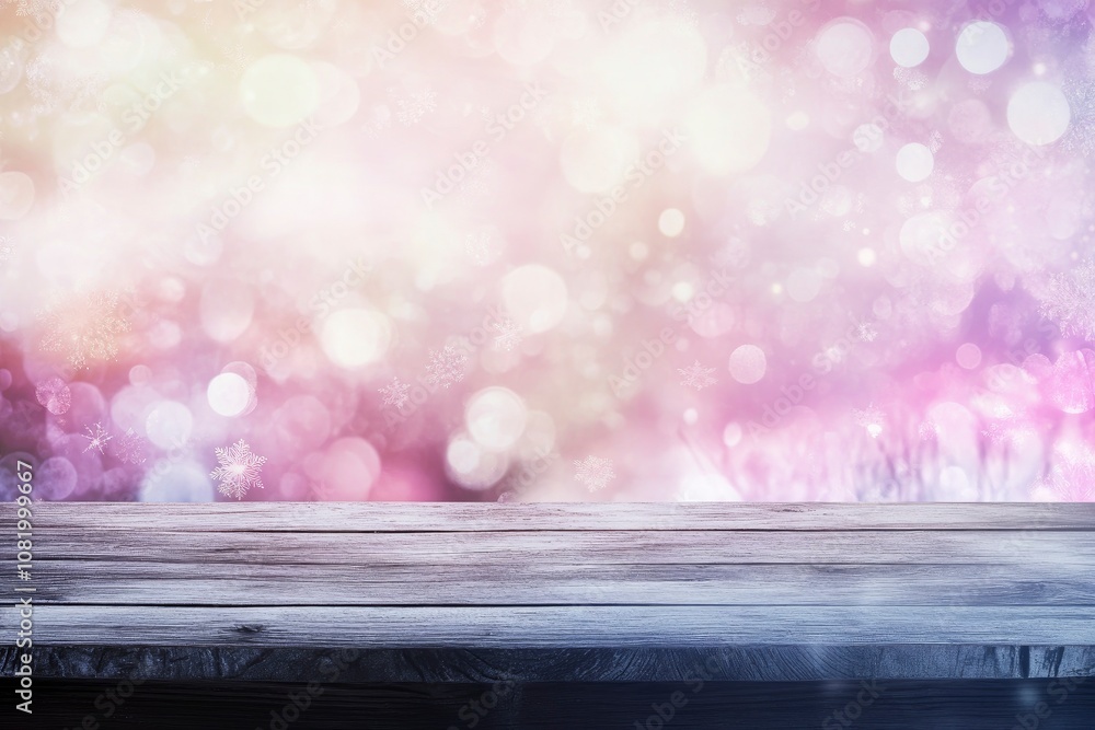 Poster wooden table over abstract bokeh background, use for text or picture, chirstmas and new year concept