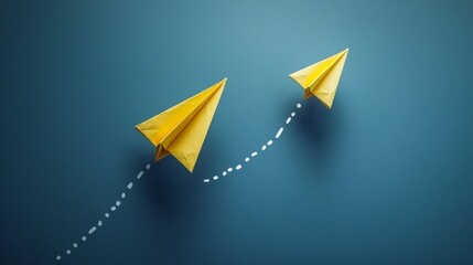 A paper airplane flies through the air, leaving behind two lines of dotted trails on a blue background.