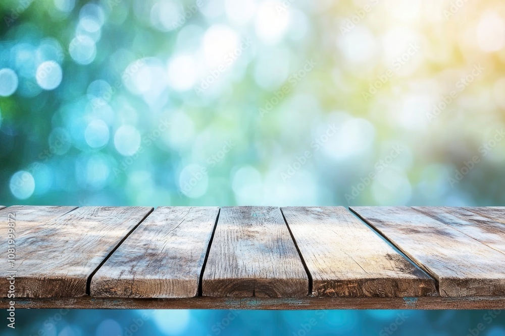 Poster wooden table over abstract bokeh background, use for text or picture, chirstmas and new year concept