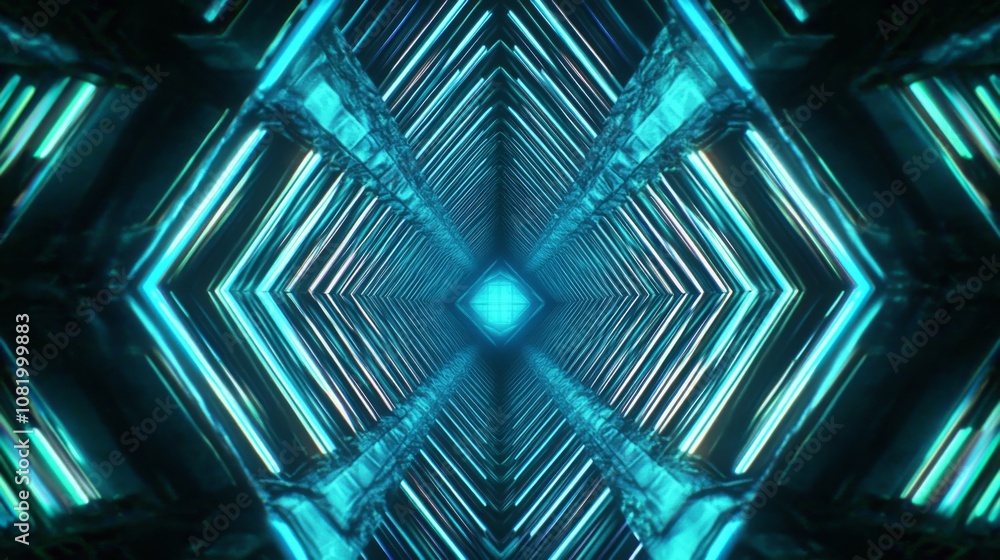 Poster futuristic abstract digital tunnel with illuminated blue and neon light reflections creating a symme