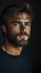 Obraz premium Portrait of a young man with striking blue eyes and a beard indoors