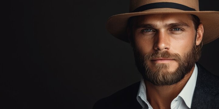 Stylish man in a hat poses elegantly against a dark background