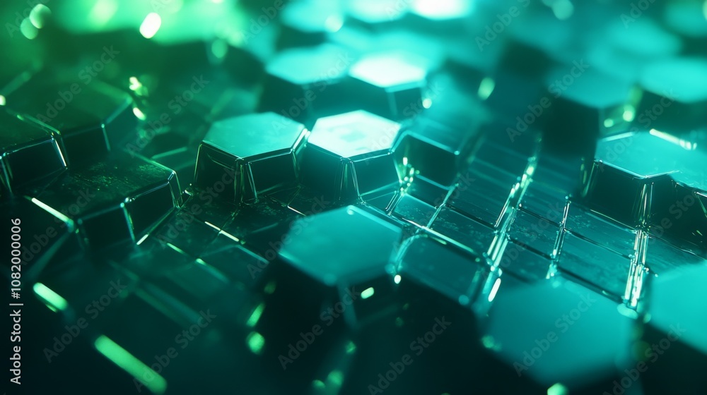 Fototapete Abstract Close-up of Glowing Hexagonal Shapes Creating an Intriguing Pattern with Reflective Surfaces and Vibrant Green Lighting in a Futuristic Setting