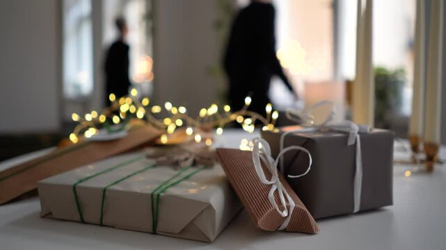 Wrapped Christmas gifts on table. Blurred woman walking by in background.