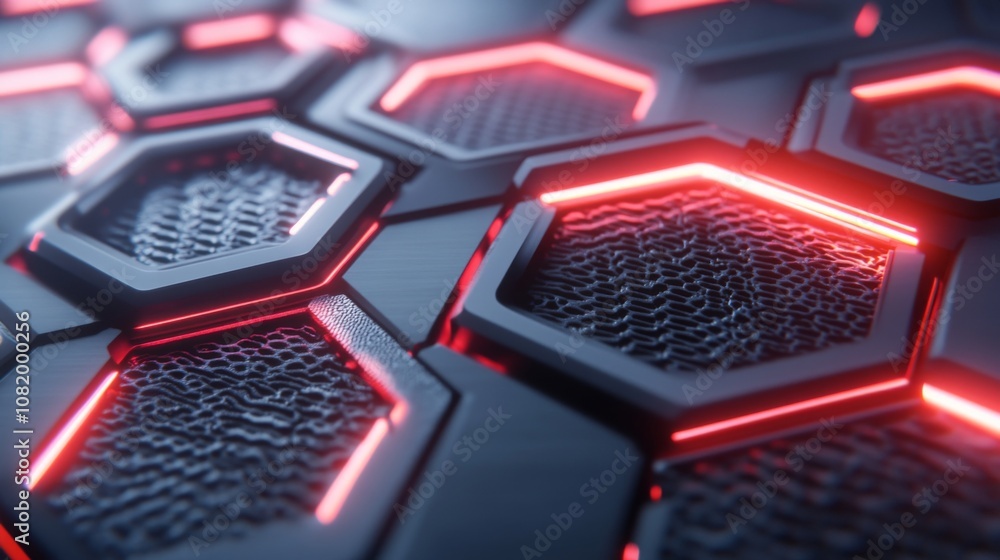 Aufkleber Futuristic Hexagonal Pattern with Neon Red Highlights and Textured Surface for High-Tech Backgrounds in Digital Design and Visual Media