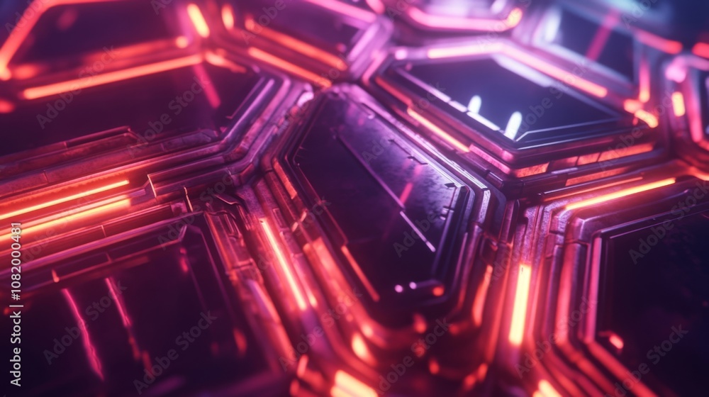 Poster futuristic abstract neon hexagonal pattern with glowing lights and reflections in a dark environment