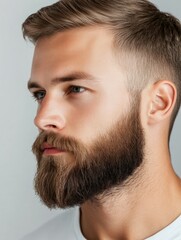 Obraz premium Young man with stylish haircut and full beard against neutral background
