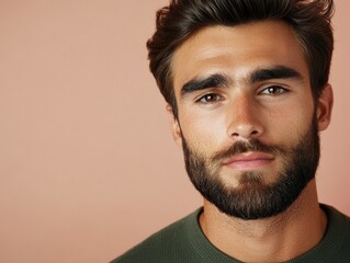 Fototapeta premium Young man with a stylish beard posing against a pink background
