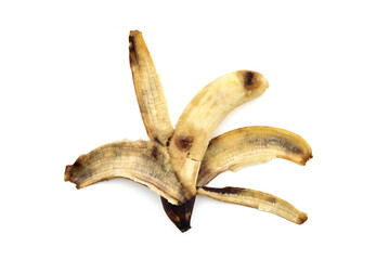Half peeled overripe banana isolated on the white background. Copy space.