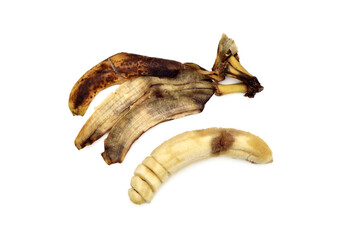 Overripe banana peel and peeled banana isolated on the white background. Copy space.