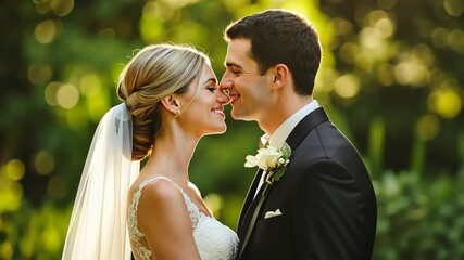 A romantic outdoor wedding ceremony at sunset with the couple smiling and embracing each other in a lush garden setting