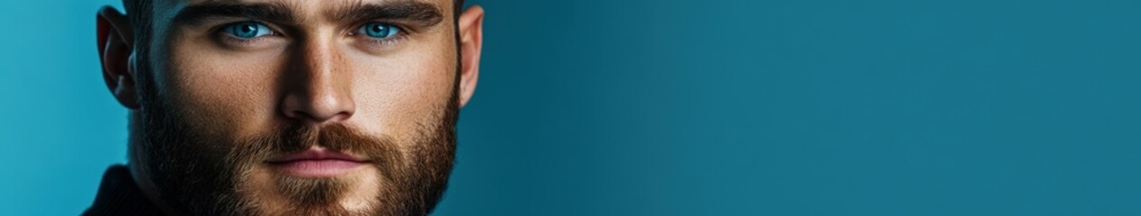 Obraz premium Bearded man with blue eyes and neutral expression on blue backdrop