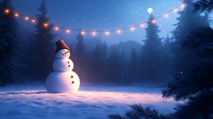 Fototapeta premium Magical Winter Night Featuring a Snowman Illuminated by Fairy Lights in a Serene Forest Under a Glowing Moon and Softly Falling Snowflakes