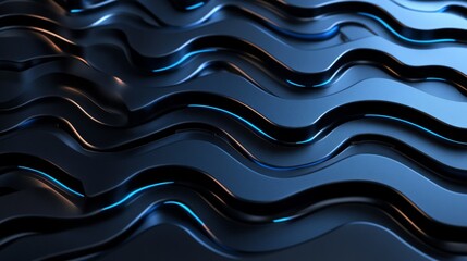 Obraz premium Abstract close-up of a dynamic wavy surface with smooth contours, showcasing sleek black textures intertwined with luminous blue highlights for modern design concepts