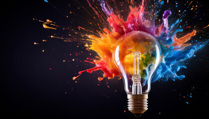 Creative explosion of colorful paint splashes from light bulb artistic display dark background vibrant concept