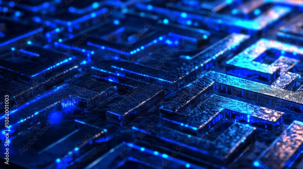Poster abstract close-up of a futuristic circuit board with glowing blue lights creating a high-tech visual