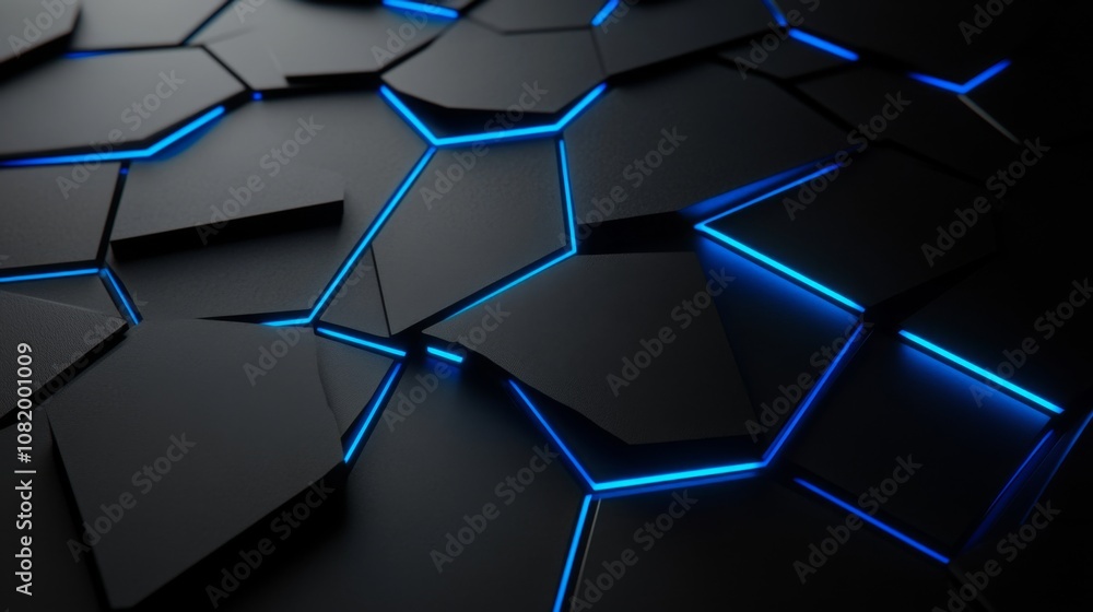 Poster Abstract geometric background featuring dark hexagonal shapes with glowing blue accents creating a futuristic and modern design aesthetic for technology or digital themes.