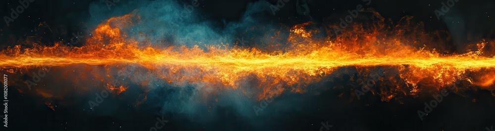Poster fiery stream of energy with majestic orange and blue flames illuminating the dark spacescape creatin