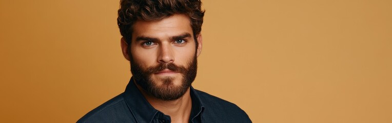 Obraz premium Young man with a beard posing against a solid orange background