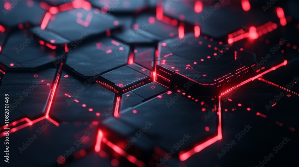 Leinwandbilder Futuristic Abstract Background with Hexagonal Shapes and Glowing Red Lines, Perfect for Technology, Science, and Innovative Design Concepts