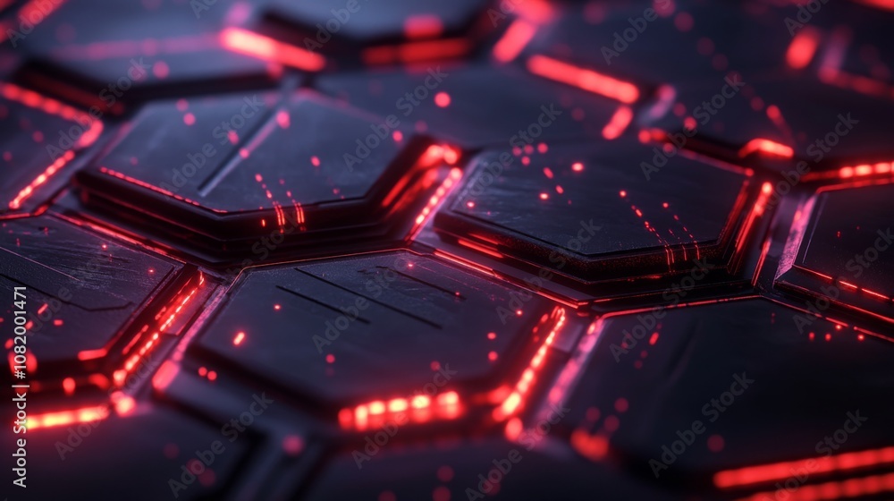 Poster abstract futuristic hexagonal surface with glowing red lights, featuring intricate details and a mod