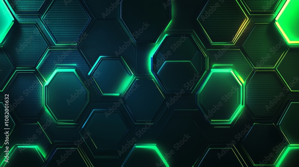 Poster abstract geometric pattern with glowing hexagonal shapes in shades of green against a dark backgroun