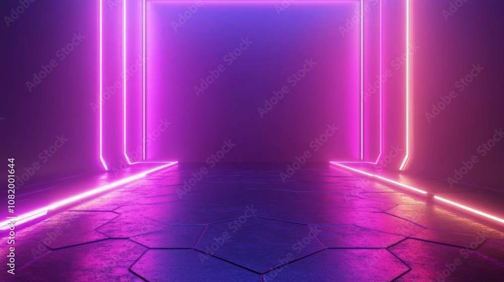 Poster futuristic neon light background with hexagonal floor and vibrant glow for creative and artistic pro