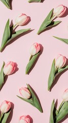 Obraz premium Romantic Arrangement of Pink and White Tulips on a Soft Pink Background Perfect for Spring, Weddings, or Floral Celebrations