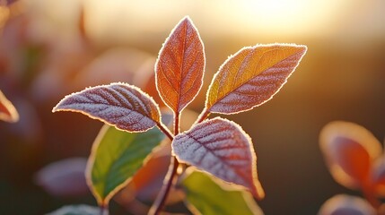 Naklejka premium Frosted Leaves Glowing in Sunrise Light Capturing the Beauty of Nature's Transition from Cold to Warm in a Serene Outdoor Landscape