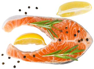 Steak of fresh raw trout fish with lemon, rosemary and peppercorns isolated on a transparent background. Top view. Completely in focus. Focus stacking.