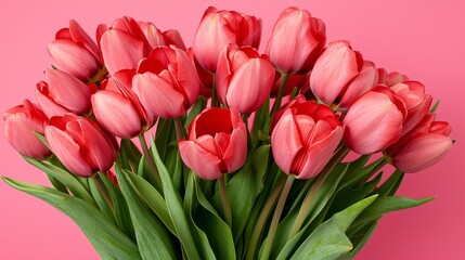 Obraz premium Beautiful Pink Tulips on a Bright Pink Background for Spring Decor and Floral Arrangements, Perfect for Celebrations and Gifting Occasions