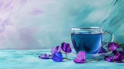 A cup of butterfly pea flower tea on a bright blue background with copy space area