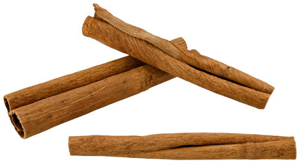Set of cinnamon sticks isolated on a transparent background. Completely in focus. Focus stacking.