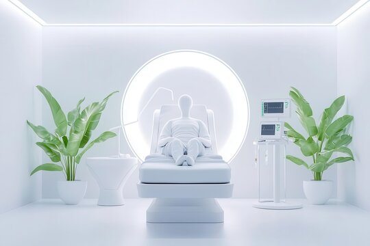 Patient in recovery room, peaceful environment, medical equipment, 3D illustration