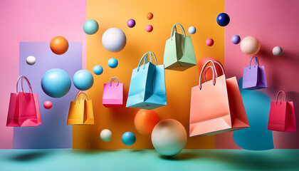 Colorful shopping bags floating in an artistic display modern abstract background graphic design vibrant environment eye-level view creative concept for marketing impact