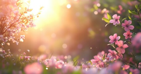 Gentle Sunlight Illuminates a Vibrant Floral Meadow with Soft Pink Blossoms, Creating a Serene and Tranquil Atmosphere for Nature Lovers
