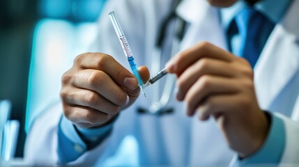 Doctor Holding a Syringe with Blue Liquid