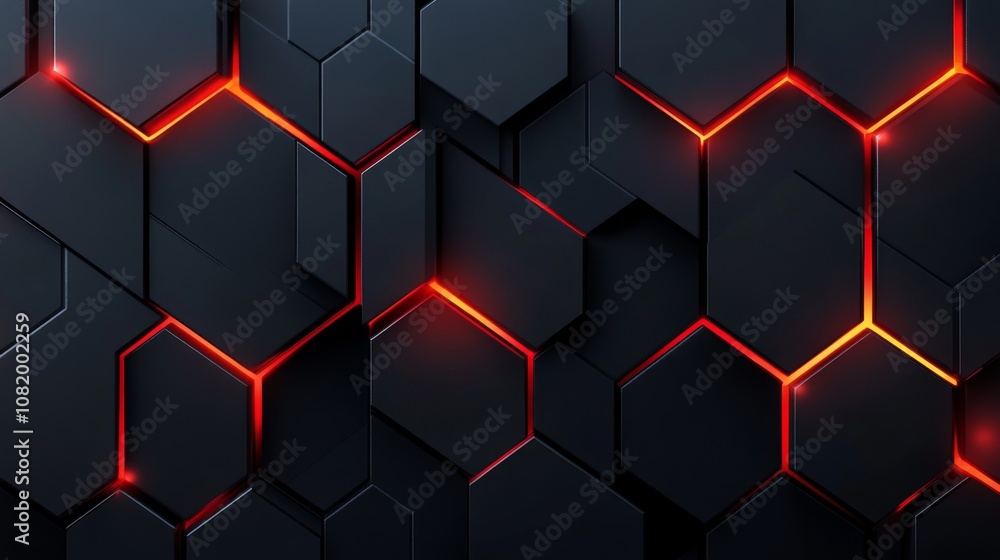 Poster abstract background of dark hexagonal shapes with glowing red edges, perfect for technology, science