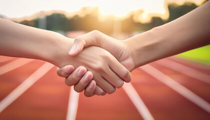 Celebratory handshake between athletes sports track action image outdoor environment close-up perspective teamwork concept