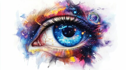A close-up, digital illustration of a blue eye with a galaxy swirling inside the iris.