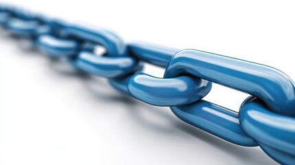 Fototapeta premium A close-up of a blue metal chain link, showcasing its glossy finish and intricate details against a white background.