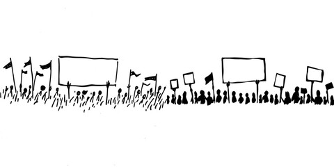 Decorative silhouette of protest people in a modern setting with a group of four in the back
