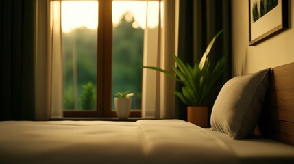 A peaceful bedroom with a view of greenery at sunset