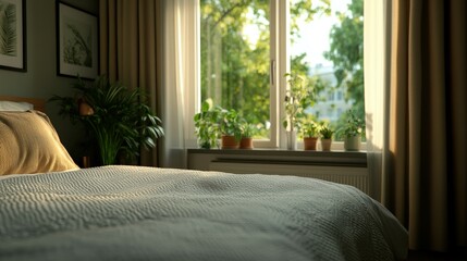 Sunlit bedroom with plants by the window in a cozy home setting