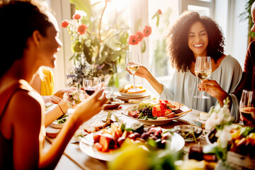 Grupo de amigas  disfrutan de un almuerzo en una hermosa mesa elegante brindando con champagne y aperitivos. Estilo de vida, comida y bebida disfrutando de una fiesta familia.